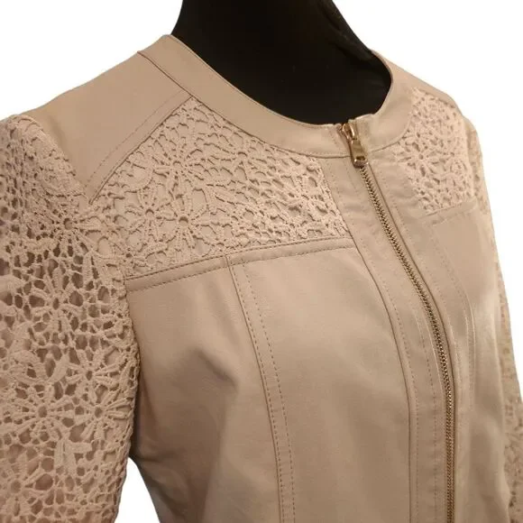 Chico's Faux Leather Blazer Jacket Size 1 Medium Ivory Cream Zip Lace Sleeves - Picture 5 of 10